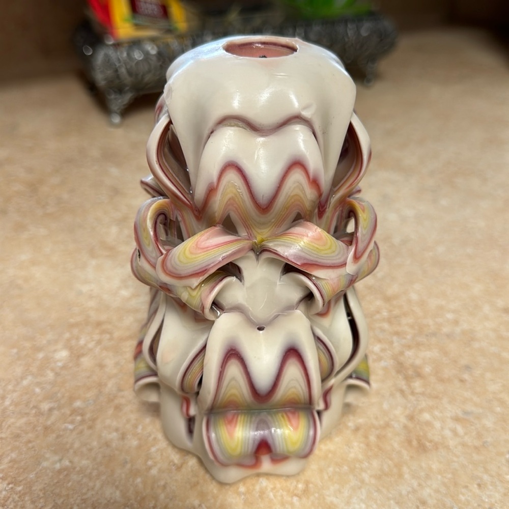 Vintage Carved Candle used once Still plenty of burning life, Beautiful Rainbow